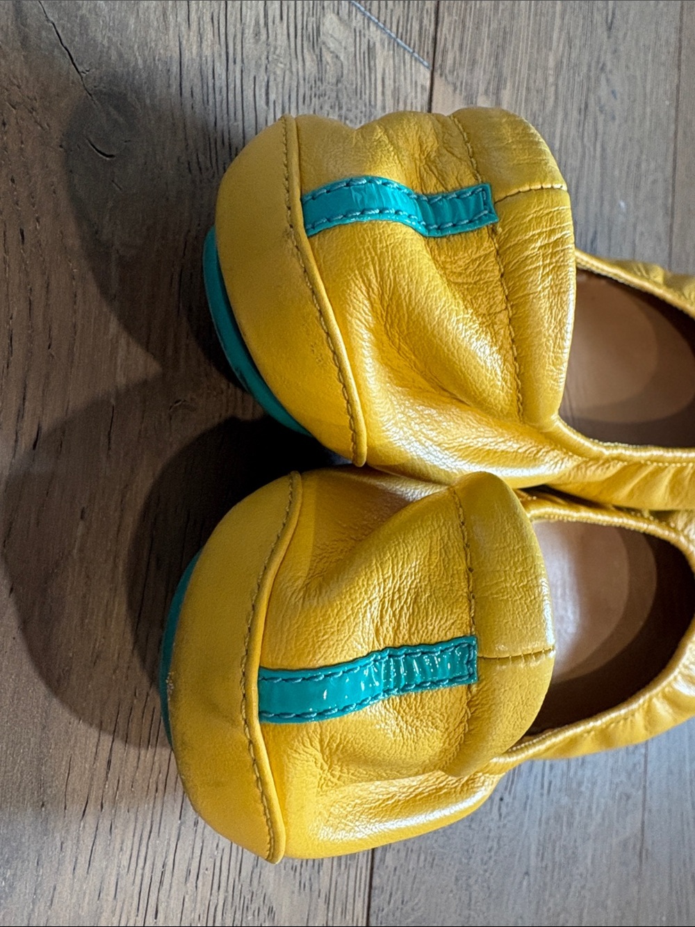 Tieks Yellow Leather Ballet Flats with Teal Accent - Picture 5 of 6
